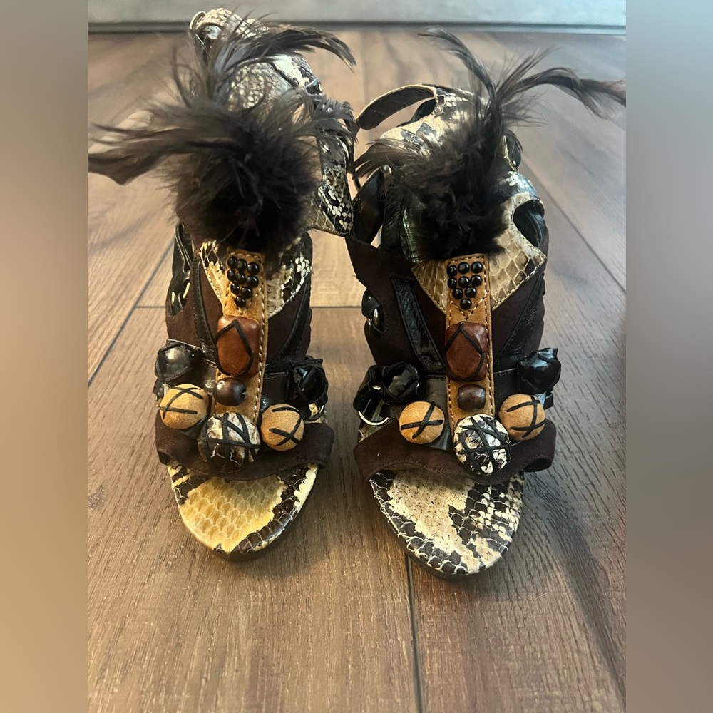 bebe Snakeskin and Black Feathered Heels